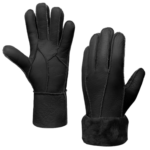 MGGMOKAY Women Leather Gloves Shearling Sheepskin Winter Warm Gloves Fur Lined,Black,M