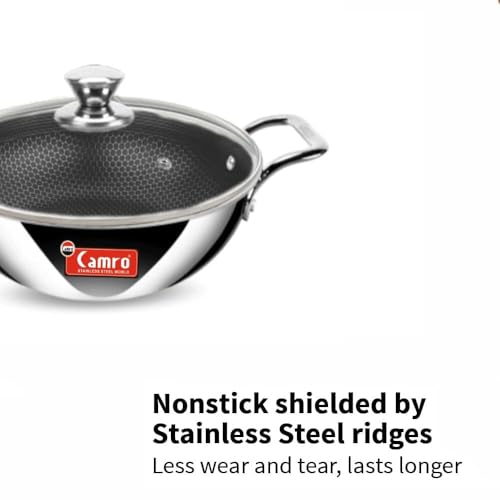 Image of Camro Kadai with Glass Lid 6.7 Litre 32 Cm| Honeycomb Triply Kadhai for Cooking | Curry Stir-Fry Deep Fry Dry Veg | Cookware kadai with Steel Handle |Non Stick kadhai for Frying |Induction Base & Gas