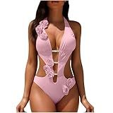 Womens One Piece Swimsuit Fashion 3D Floral Deep V Neck Halter Monokini Sexy Cutout High Cut Bathing Suit Pink