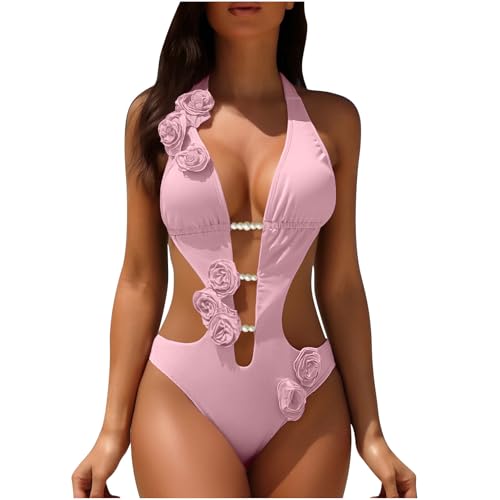 Womens One Piece Swimsuit Fashion 3D Floral Deep V Neck Halter Monokini Sexy Cutout High Cut Bathing Suit Pink