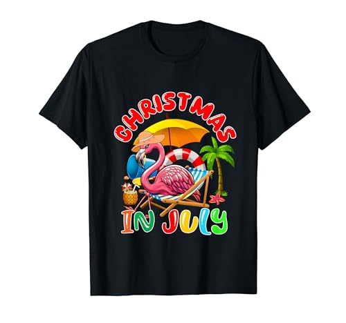 Christmas In July Cute Flamingo Relaxing On Beach Vacation T-Shirt