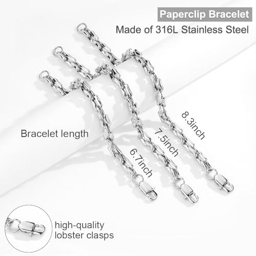 AIAINAGI Silver Link Chain Bracelets for Men Women 7mm Stainless Steel Paperclip Bracelets Rectangle Solid Chunky Chain 6.7/7.5/8.3Inches Unisex Wrist Jewelry Gift for Men3