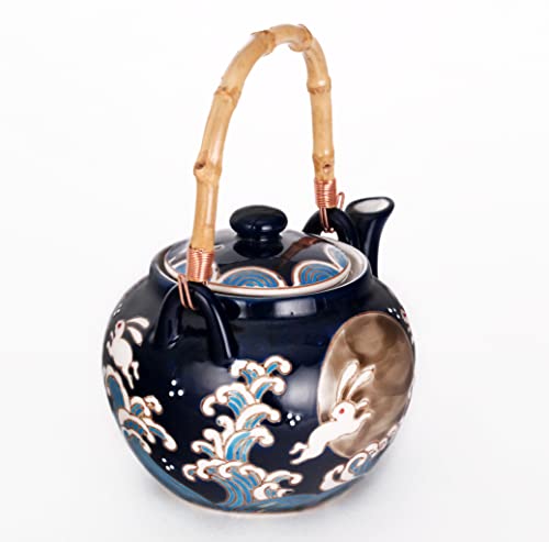 Hinomaru Collection Japanese Style Moon Rabbit Design 25 Fl Oz Ceramic Teapot With Rattan Handle And 4 Tea Cups Set #TOP3