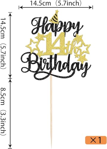 Image of Confetti! Glittering 14th Birthday Cake Topper with Star Hat - Cheers to 14 Years! Fabulous Cake Decorations for Kids' 14th Birthday & Anniversary Party Supply