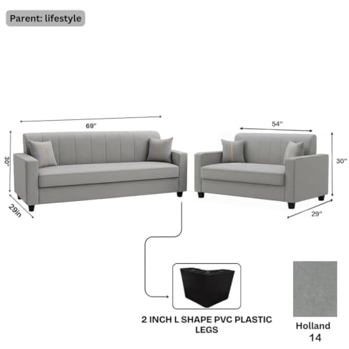 Image of FURNY Cosmos 5 Seater Fabric 3+2 Sofa Set (Light Grey Color) Premium Velvet Finish | Durable Comfort | Ideal for Living Room