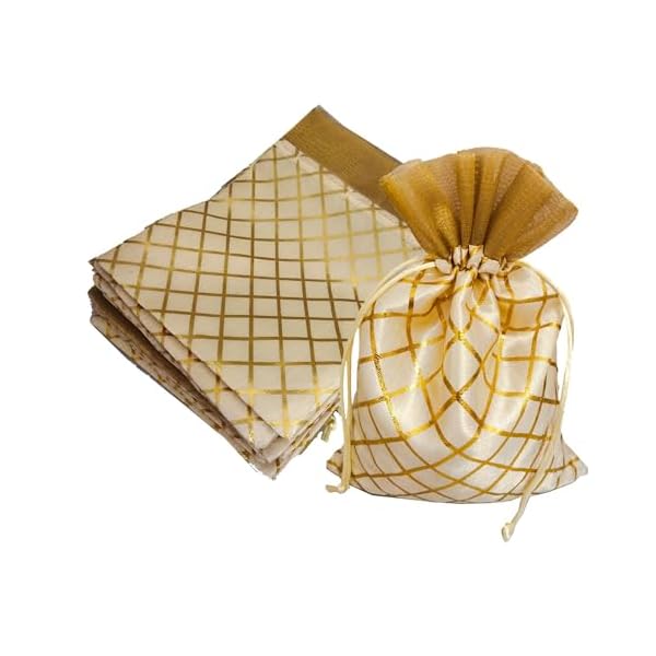 3A FEATURETAIL 13CM X 18CM Small Drawstring Bags Pouches Potli for Gift Wedding Jewelry Packaging Bridal Party Favors for Women (10 Pc Pack, Cream Color Golden Berfi Print)