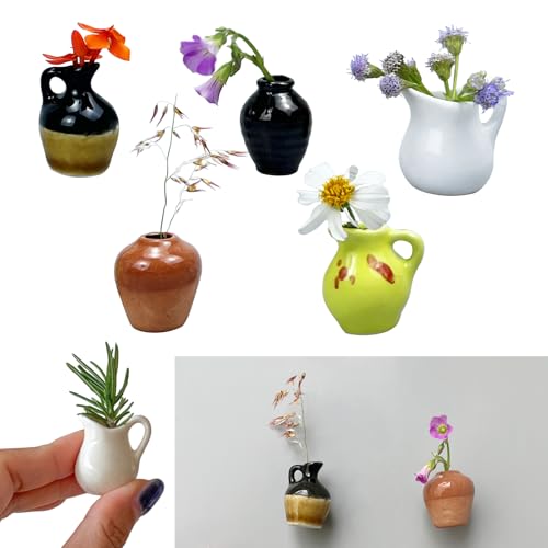 HEVOY Mini Ceramic Vase Magnets for Fridge, Magnetic Refrigerator Ceramic Vases, Tiny 3D Plant Vase Door Magnetic Stickers for Kitchen Refrigerator Office Locker Decoration (5, A)