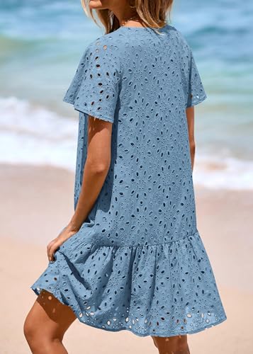 Image of KIRUNDO Eyelet Dresses for Women Button Down Mini Babydoll | 2026 Summer Short Sleeve Boho Sundress, Loose Fit V Neck Short Dress With Pockets, A Line, Cruise Beach Vacation Outfits