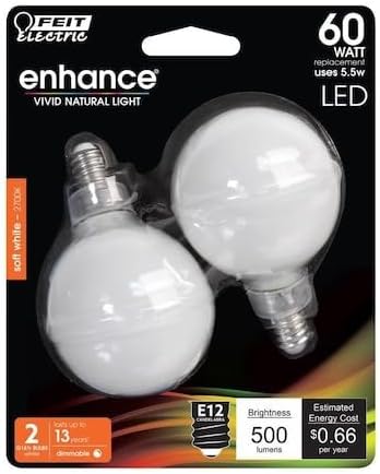Feit Electric BPG1660W927CAFIL2 60W Equivalent G16.5 E12 Candelabra Dimmable Filament CEC 90 CRI White Glass LED Light Bulb Soft White - Pack of 2