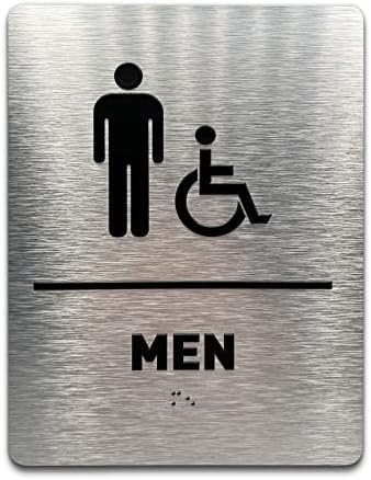 Men/Wheelchair Bathroom Sign by GDS - ADA Compliant, Wheelchair Accessible, Raised Icons, & Grade 2 Braille - Includes Adhesive Strips for Easy Installation - 6" W x 8" H (Brushed Aluminum)