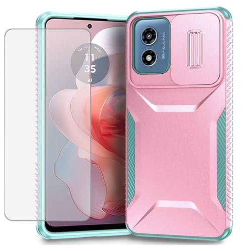 Ueokeird Case for Moto G Play 2024 4G/Moto G Play Gen 3/G22 Case with Tempered Glass Screen Protector and Slide Camera Cover, Non-Slip Heavy Duty Phone Cover for Motorola Moto G Play 2024 4G PC Pink