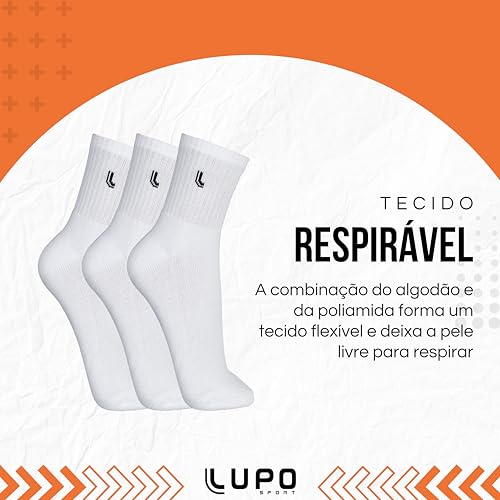 Lupo Kit 6 Pares de Meia Lupo Cano Médio Forro Atoalhado Punho Canelado Algodão Sport Original, 6 Br