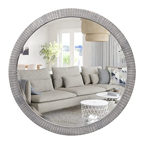 Image of GIFTTROVE 30" Round Wood Mirror, Large Round Mirror with Beveled, Wood Round Mirrors for Wall Decor, Rustic Circle Wall Mirrors for Entryway, Living Room, Washed Grey Frame