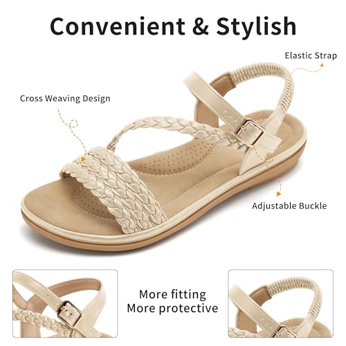 Image of Aomigoct Dressy Womens Sandals Summer: Comfortable Strappy Flats Sandals Women - Casual Walking Woman Shoes
