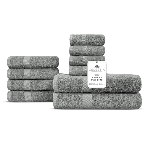 Image of Villa Celestia 10-Piece 100% Cotton Towel Set, 2 Bath Towels, 4 Hand Towels, 4 Wash Cloth, Quick-Dry, Grey