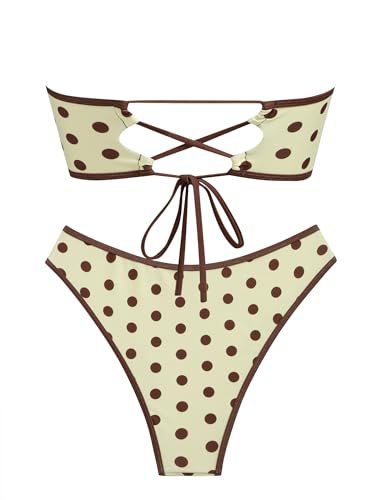 Image of ZAFUL Women Strapless Textured Bandeau Bikini 2 Piece Swimwear Cheeky Solid Lace up Bathing Suits