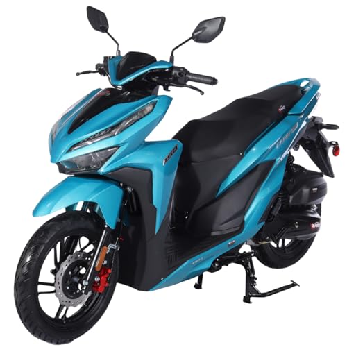 X-PRO 150cc Gas Adult Moped with 14 Aluminum Wheels Electric/Kick Start! Large LED Lights! (Blue)