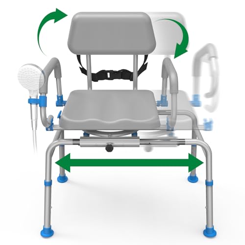 Loyoda Shower Chair, 350 lbs Padded Sliding Tub Transfer Bench with Swivel Seat, Pivoting Arms, Height Adjustable Shower Seat, for Bathtub, FSA/HSA Eligible (Standard-Gray)