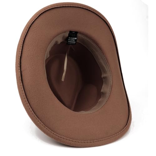 Image of DRESHOW Women Men Classic Felt Wide Brim Western Cowboy & Cowgirl Cap Belt Buckle Retro Panama Hat Unisex Rolled up Caps