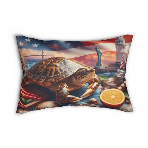Spun Lumbar Pillow 20x14 - USA Flag Background with Chesapeake Bay, Blue Crab, Maryland Terrapin