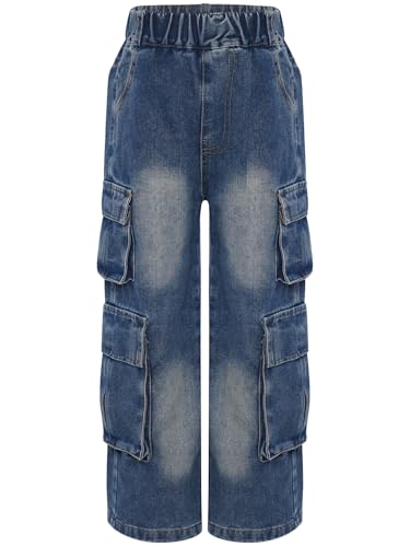 FEESHOW Kids Girls Straight Cargo Jeans Elastic Waist Wide Leg Pants Casual Denim Trousers with Flap Pockets4