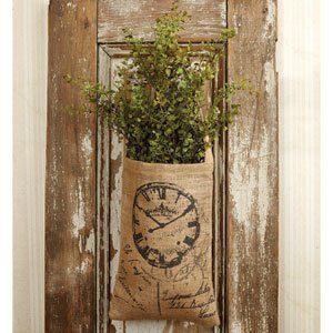 Vintage Hanging Burlap Bag - French Clock & Script (8-in x 12-in)