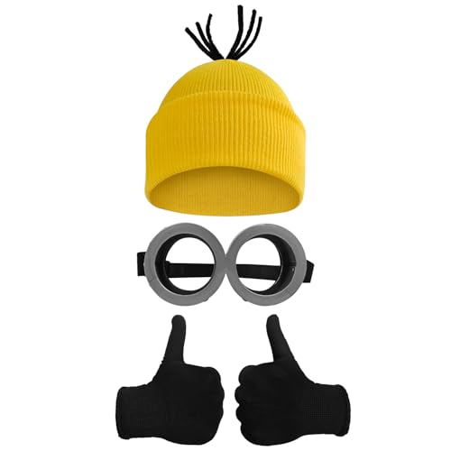 HWQVA 3 Pcs Halloween Costume Accessories for Adults Goggles Glasses/Yellow Beanie Hat/Gloves for Cosplay Party