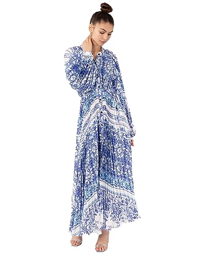 Robe chemise longue plissée bleue CY imprimé aztèque et cachemire floral évasé