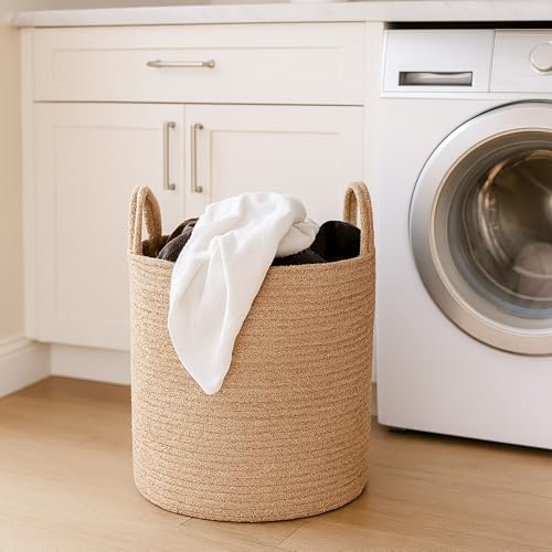 VOLTICO Woven Cotton Rope Storage Basket with Handle 30cm Collapsible Laundry Basket Toy Storage Bin Clothes Organiser for Nursery Bedroom Living Room