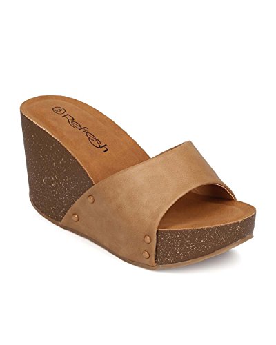 REFRESH Women Leatherette Open Toe Studded Single Band Cork Platform Wedge Sandal CA65 - Taupe
