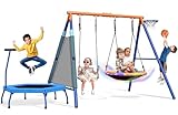 5-in-1 Kids Swing Sets for Backyard with Trampoline, 880lbs Heavy-Duty A-Frame Stand Metal Outdoor with 32 inch Saucer & Belt Swing, 55 inch Trampoline, Basketball Hoop, Led Light & Anchors