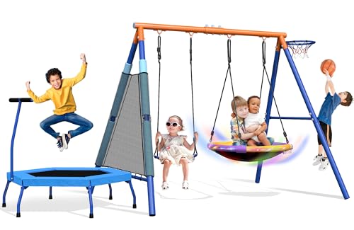 5-in-1 Kids Swing Set with Trampoline and Accessories