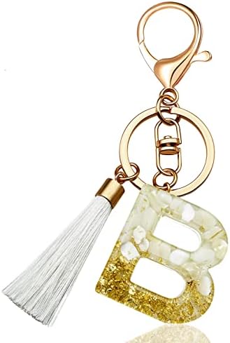 Letter Initial Keychains for Women Tassel Bling White Pink Cute shiny Keychain for Car key Backpack Purses Wallet (White Tassel B)