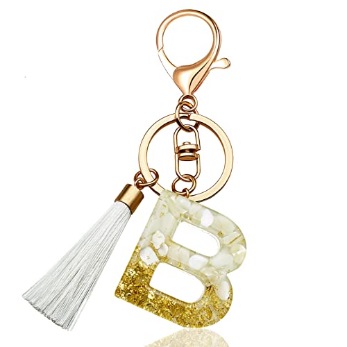 Letter Initial Keychains For Women Tassel Bling White Pink Cute Shiny Keychain For Car Key Backpack Purses Wallet (White Tassel B) #TOP1