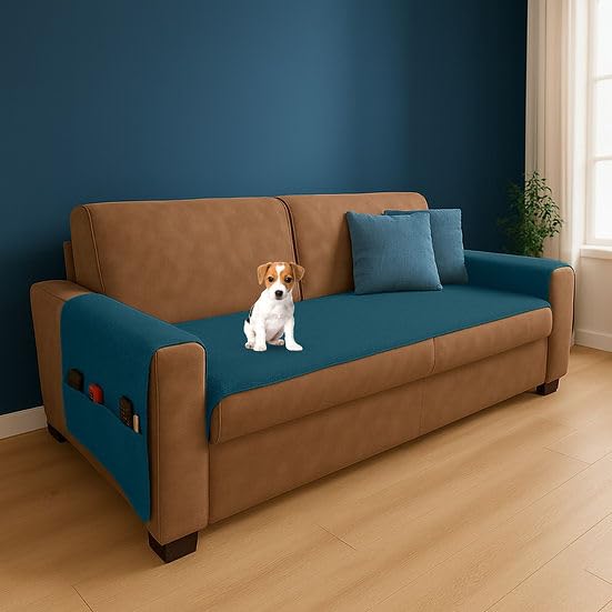 Farè – Runner Copriseduta Divano Impermeabile con Copribraccioli e Tasche Organizer - Copridivano Universale Antimacchia - Ideale per cani, gatti e bambini - Armor Blu