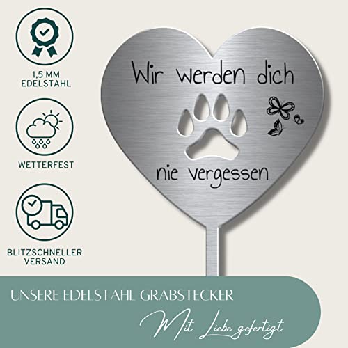 Grabstecker Herz mit Pfote aus Edelstahl mit Trauer Spruch oder Namen | Grabschmuck Hund o. Katze - persönliche Grab Deko für Tiere | wetterfest & personalisierbar für EIN Tiergrab o. Garten