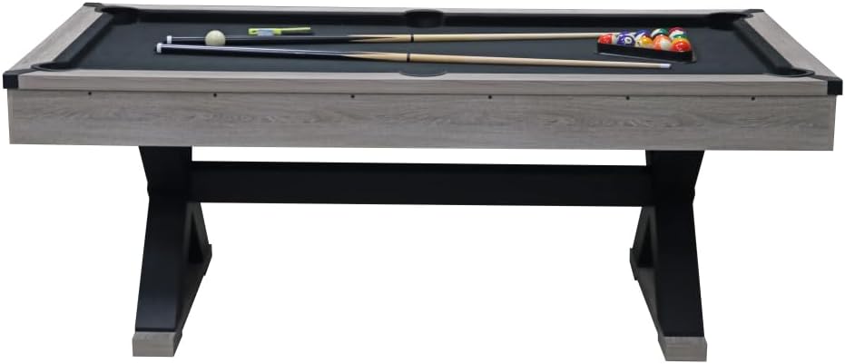 84" Pool Table with Billiard Balls, Cues, Pool Cue Chalk, Cleaning Brush, X-Legs, Black and Rustic Grey, 84.1" L x 46.5" W x 32" H