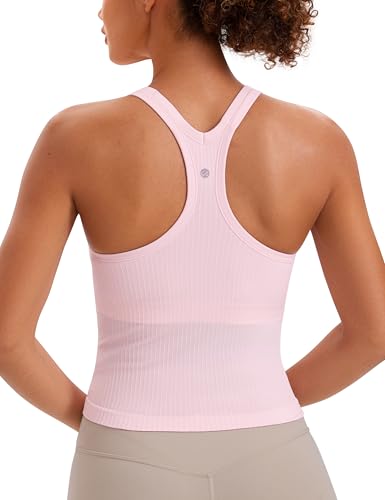 Image of CRZ YOGA Seamless Rib Racerback Tank Tops | Light Support, Built in Bra, Removable Pads, Yoga, Ribbed, High Neck, for Women