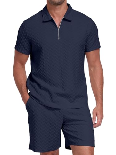 Image of QIXING Mens Shorts and T Shirts Sets 2 Piece Summer Co Ord Outfits 1/4 Zip Polo Collar Shirt Casual Holiday Wear(Navy Blue, M)