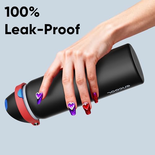 Image of Insulated Water Bottle with Straw - Encool Stainless Steel Water Bottle with Push Button Lid, Leak-Proof & BPA-Free, Keeps Cold for 24 Hours for Sports, Travel, Gym (32 oz, Oil Black)
