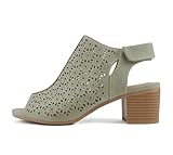 Topshoe Avenue Daisy - Women's Caged Geometric Laser Cut Out Peep Toe Chunky Stacked Heel Ankle Sandal (Olive Nubuck, US Footwear Size System, Adult, Women, Numeric, Medium, 9)