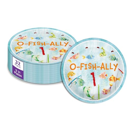 Ofishally One Fishing 1st Birthday Party Supplies Large 9" Paper Plates in Bulk 32 Piece