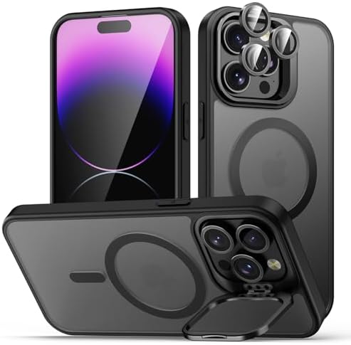 TOBOVON for iPhone 14 Pro Max Case, Compatible with MagSafe, Built-in Camera Ring Stand, with Individual Camera Cover, Translucent Matte Military-Grade Drop Protection Magnetic Case, Black