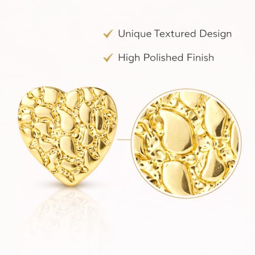 Image of 18K Gold Plated Rough Textured Heart Shape Nugget Stud Gold Earrings For Men /Women Unisex Hypoallergenic Jewelry