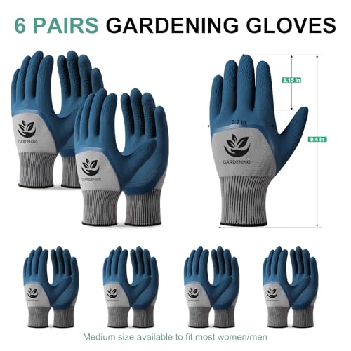 Trifabricy Garden Gloves for Women Men - 6 Pairs Breathable Hard-wearing Latex Coated Gardening Gloves for Women, Indoor/Outdoor Protective Working Gloves with Grip, Blue & Grey