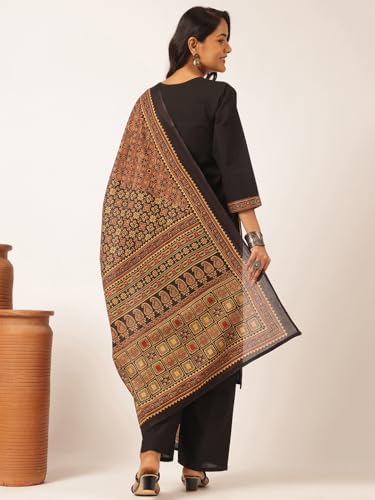 Image of Vbuyz Women Ajrakh With Yoke design Cotton Straight Kurta Set With Dupatta