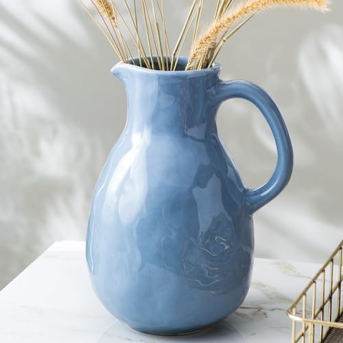 Kimdio Blue Ceramic Vase With Handle, Modern Pitcher Vase For Home Decor thumb #1
