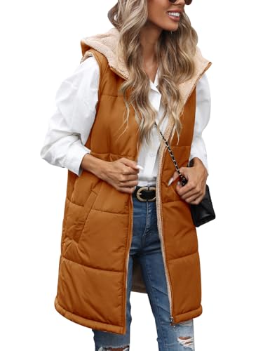 Tuopuda Chaleco Mujer Polar Chaleco Acolchado Invierno Termico Chaquetas sin Mangas con Capucha Desmontable Chalecos Exteriores con Bolsillos Outwear con Cremallera, Marrón Claro, L