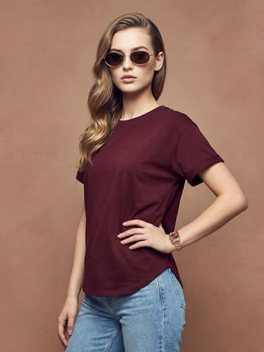 Image of JUNEBERRY Pure 100% Cotton Oversized Loose Fit Drop Shoulder Round Neck Boyfriend Fit Solid Half Sleeves T-Shirt for Women & Girls (Sizes: S to 2XL)