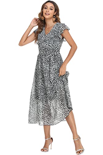 Image of VintageClothing Womens Sundress Casual Floral Summer Boho Dress | Flowy Wrap V Neck Ruffle A-Line Pleated Hem Midi Dresses